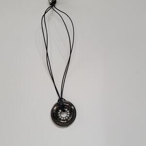 Vintage Black Round Pendant Necklace Crystal Rhinestones on Cord Chain Jewelry